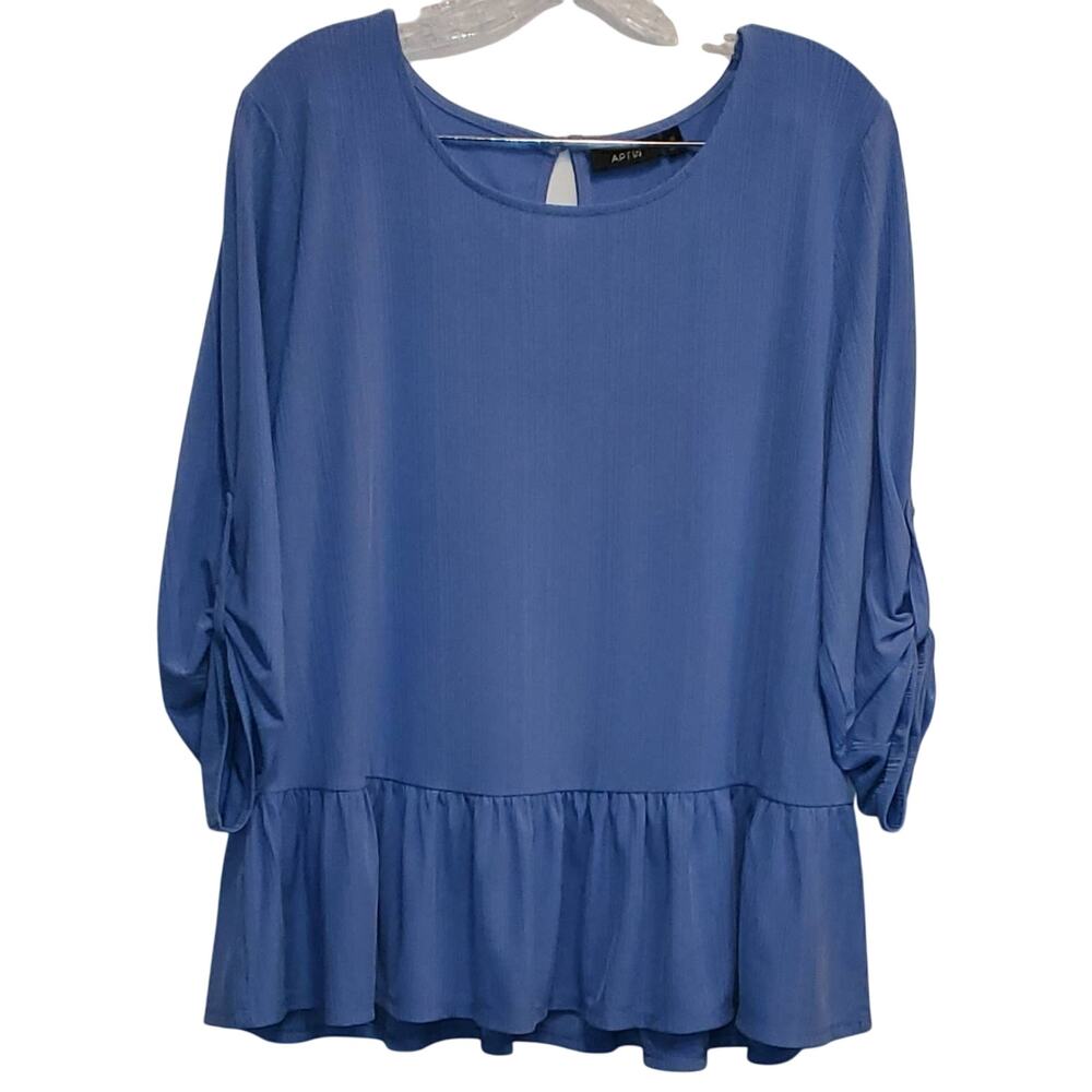 Apt 9 Silky Flowy Long Convertible Sleeve Blue ribbed Tiered Blouse Size XL